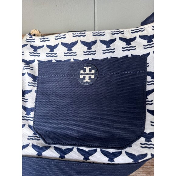 Tory Burch Navy Whale Print Canvas Hobo Shoulder Bag Rope Handle Summer Nautical - Picture 2 of 9